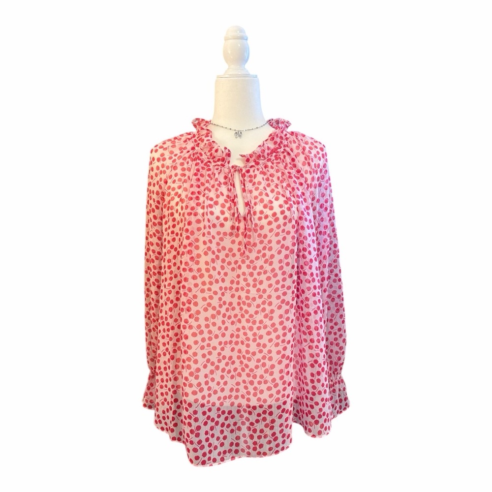 Boden Florence Blouse Pink Floral Ruffle Trim‎ Sheer Tie Neck Long Sleeve US 4
